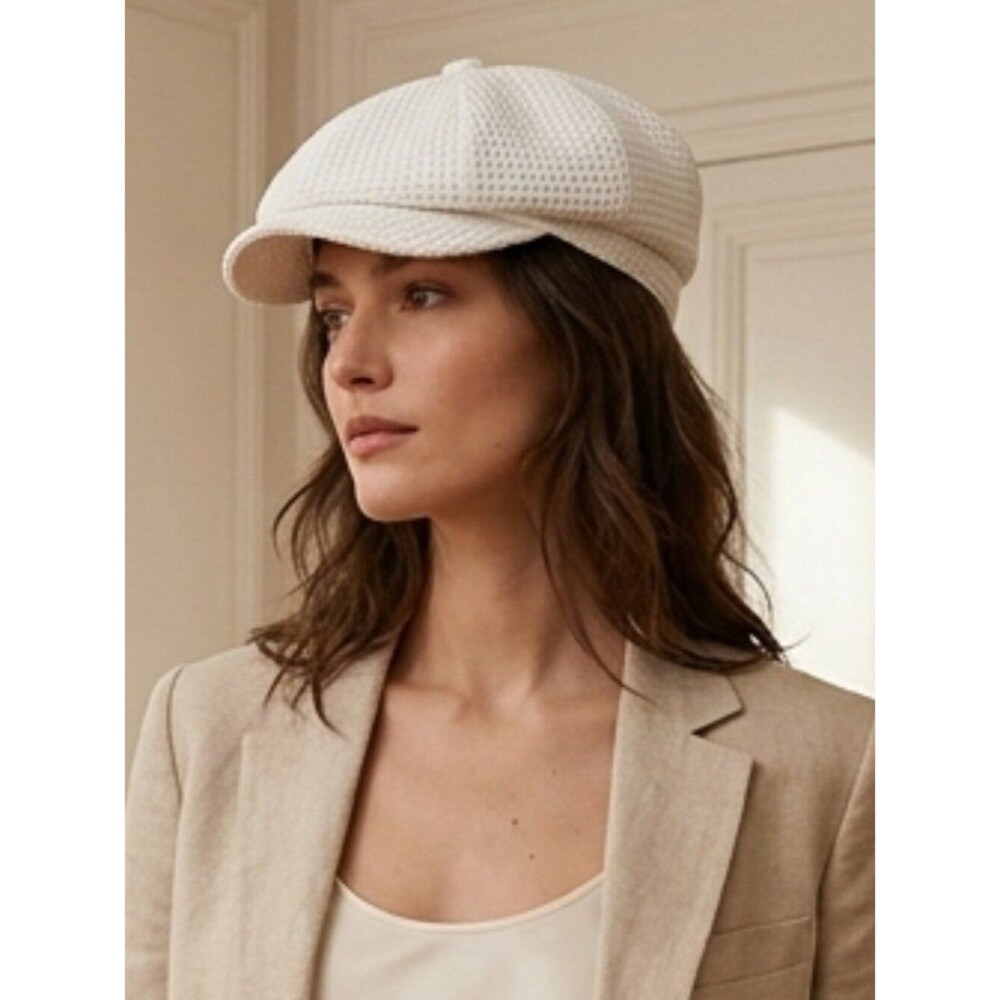Turtle K White Textured Newsboy Cap Cabbie Baker Boy Paneled Hat Medium